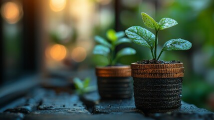 Newly sprouted plants thrive in small pots on a wooden surface during sunset, showcasing vibrant greens and rich soil