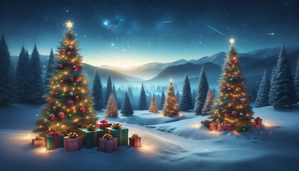 A winter landscape featuring two decorated evergreen trees adorned with ornaments and twinkling lights positioned on either side of a snowy scene