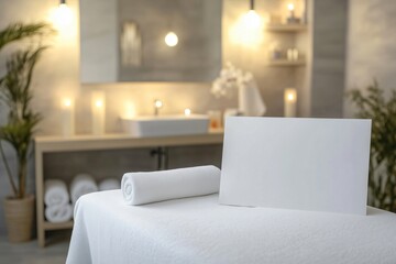Mockup for your product or design, white blank sign on massage table with rolled towel in modern spa