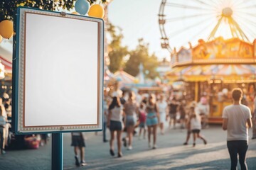 Blank billboard is standing in an amusement park with people walking around on a sunny summer day