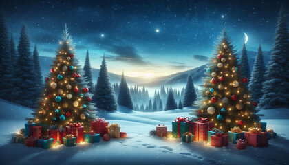 Obraz premium A winter landscape featuring two decorated evergreen trees adorned with ornaments and twinkling lights positioned on either side of a snowy scene