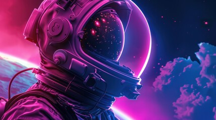 Astronaut helmet in space with vibrant pink and blue lighting.