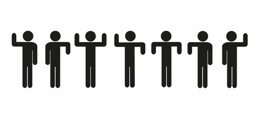 a set of human figures in different poses, hand gestures, pictogram, stick man