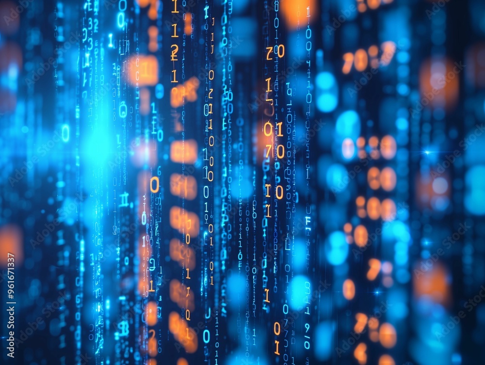 Poster abstract digital background with glowing binary code in blue and orange tones