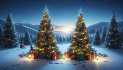 Obraz premium A winter landscape featuring two decorated evergreen trees adorned with ornaments and twinkling lights positioned on either side of a snowy scene