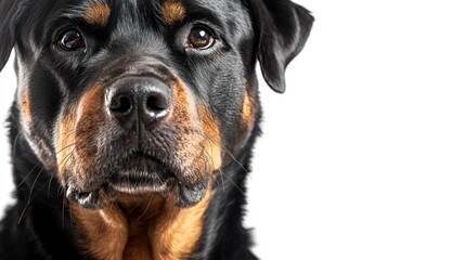 A close-up of a Rottweiler's face, showcasing its expressive features and strong demeanor.