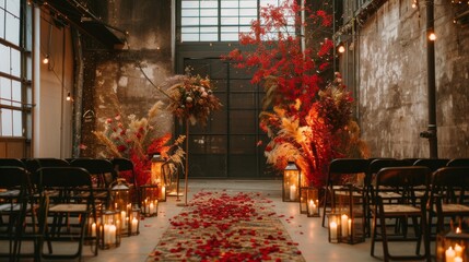 A beautifully decorated industrial-chic wedding venue features a candlelit aisle adorned with scattered rose petals. Warm lighting highlights vibrant floral arrangements against the rustic backdrop