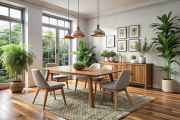 Fototapeta premium A modern dining room is elevated by the rustic charm of a wooden Pier One table, paired with