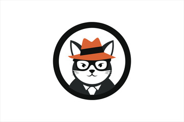  Logo in a circle with a cat in a hat and glasses. vector art illustration