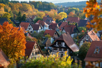 Naklejka premium A Quaint German Village Embraces Autumn's Golden Hues