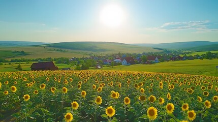 Vibrant sunflowers in a serene countryside setting at golden hour.