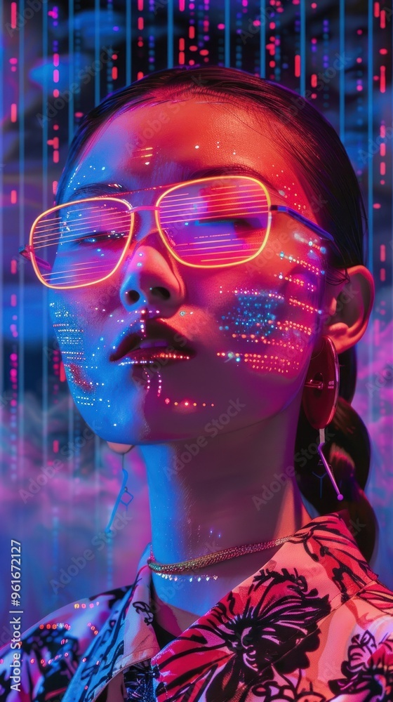 Wall mural futuristic woman with neon lights and geometric patterns.