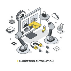Isometric illustration of marketing automation. Robotic arms in front of a computer monitor automate marketing tasks, showing workflows and campaign channels. Concept for marketing technology