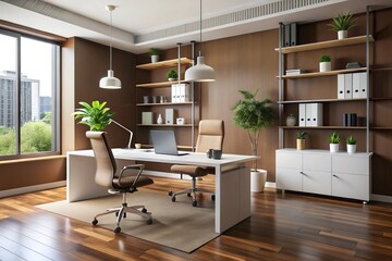 Fototapeta premium A modern office boasts brown walls that provide warmth and create a cozy atmosphere, contrasted with crisp white