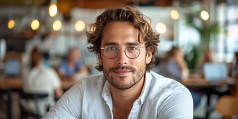 Obraz premium Portrait of a young man with curly hair and glasses in a casual shirt sitting in a modern, well-lit workspace with a blurry background of colleagues
