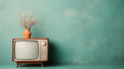 A classic vintage television with wooden body and a vase filled with dried flowers on top, set...