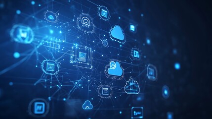 Fototapeta premium Digital network with cloud computing icons, nodes, and data flow lines, ultra-sharp focus, solid dark blue background