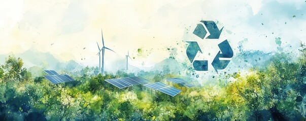 Green Energy Landscape   Wind and Solar Power with Recycle Symbol Watercolor Illustration