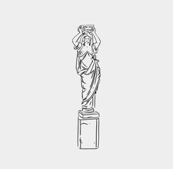 Hand drawn vector abstract outline,graphic,line greek ancient sculpture statue line art modern drawing set.Antique classic statues in trendy bohemian style,outline design concept.Antique statue logo.