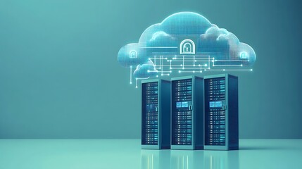 Cloud data center with secure server connections and digital locks, ultra-sharp focus, solid light blue background