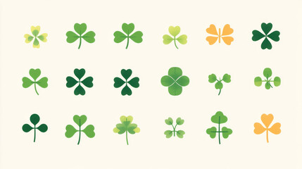 A collection of simple, flat icons featuring four-leaf clovers. They're perfect for representing luck and good fortune.