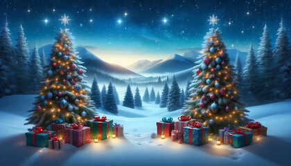 A winter landscape featuring two decorated evergreen trees adorned with ornaments and twinkling lights positioned on either side of a snowy scene