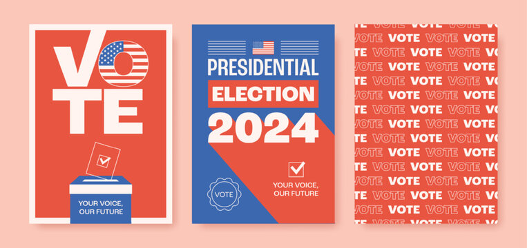 Set of presidential elections 2024 posters. Modern design templates for voting in USA. Vector illustration