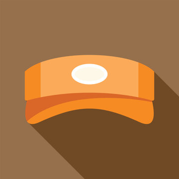 Orange sun visor cap with a blank white logo on the front is being presented on a brown background