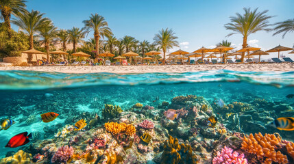 A colorful coral reef teeming with fish, set against a backdrop of a sandy beach with palm trees and beach umbrellas. This scene is in the Red Sea, Egypt.