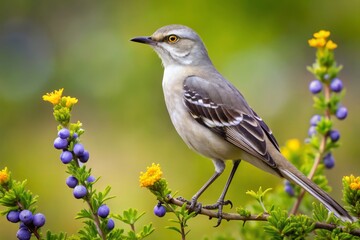 Fototapeta premium A Northern Mockingbird clings to a spiny ocotillo branch, its vibrant plumage a striking contrast to the arid