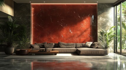 Luxurious modern living room with a large grey sectional sofa, red marble feature wall, and tropical plants in a bright, sunlit space