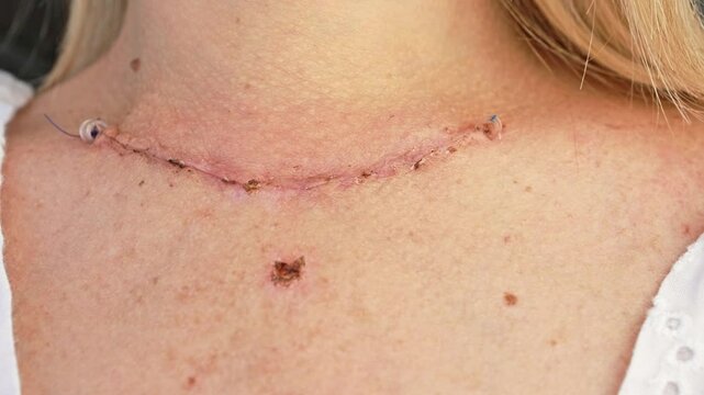 Scar on the neck from surgery. Thyroidectomy.