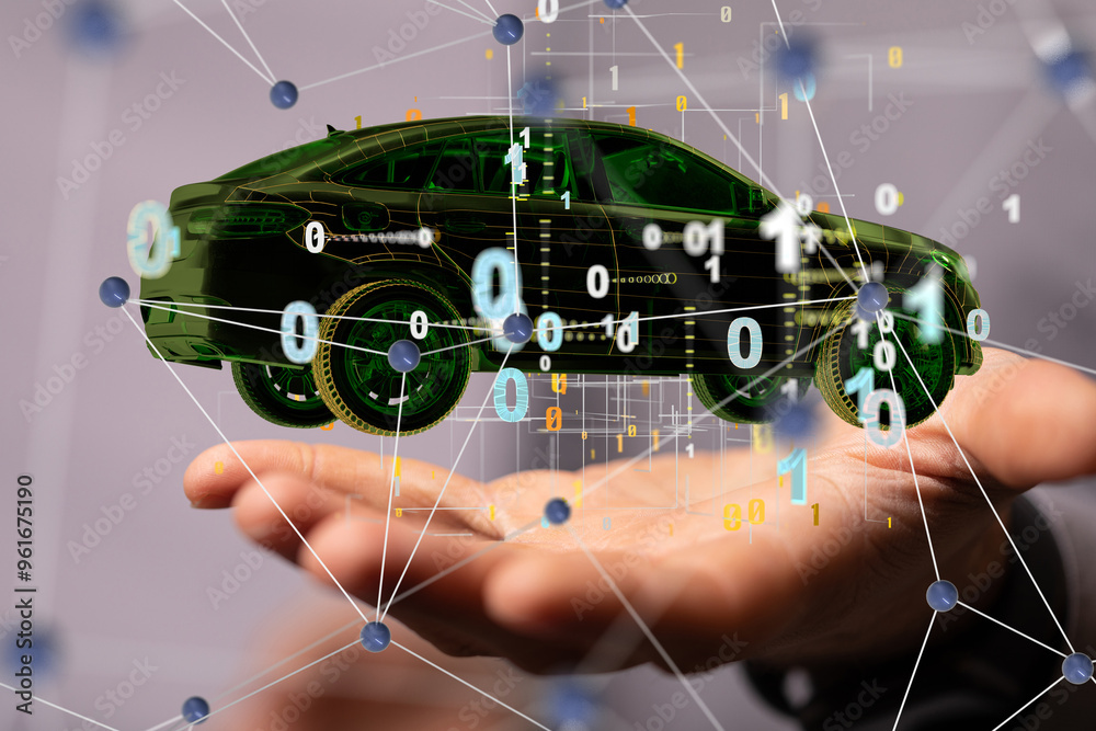 Poster autonomous car with hud graphic of navigation system driving