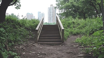 Wooden stairs leading through greenery to a skyline backdrop.