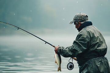 A lone fisherman, his weathered hands holding a silvery catch, stands amidst the quiet mist and rain, a moment of peaceful solitude.