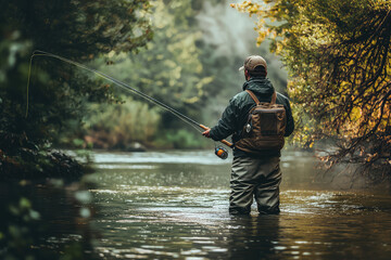 A Solitary Angler, Waist-Deep in a Misty River, Waits Patiently for a Catch, the Serene Forest Surrounding Him.