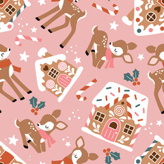 Materiał do szycia Seamless vector pattern with gingerbread houses and cute vintage deer. Hand drawn Christmas illustration. EPS 10 vector file. Perfect for textile, wallpaper or print design.