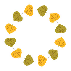 Elegant round Leaves Frame. Autumn wreath or border made of colorful yellow and green leaf in hand drawn style. Fall season colors inscription inside. Natural flat decorative