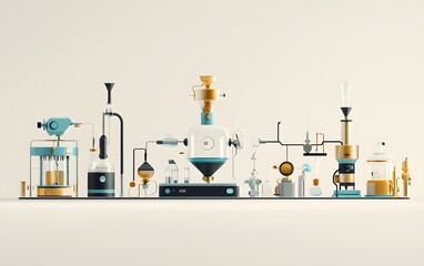 Minimalist illustration of a chemistry lab setup with various scientific equipment and glassware arranged in a linear fashion.