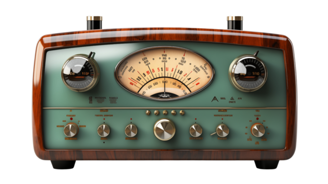 retro old broadcast radio, studio view, isolated on transparent background.