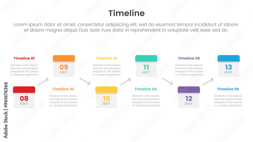 Poster timeline set of point infographic with date calendar box linked arrow up and down with 6 point for s