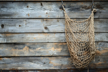 Obraz premium A weathered fishing net hangs on a rustic wooden wall, whispering tales of seafaring adventures and quiet moments by the shore.