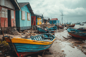A Row of Colorful Boats Resting on a Sandy Shore, Reflecting the Tranquil Atmosphere of a Fishing Village.