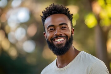 Fototapeta premium Handsome happy African American bearded man. Portrait of cheerful young man standing outdoors and smiling at camera. Positive emotion concept of male person. Generation z guy look carefree, ai
