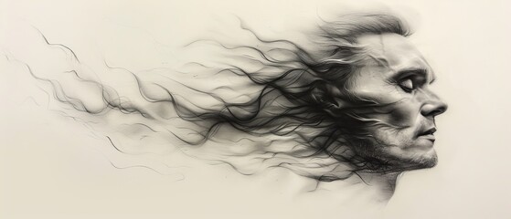 Fototapeta premium A monochrome image of a man's face engulfed in smoke, with tendrils escaping from his hair