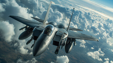 Fighter jet soaring above clouds with front view perspective.