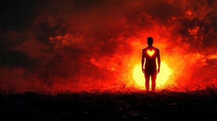 Obraz premium A human silhouette with a glowing heart, standing in front of a digital sunrise, Minimalist, Monochrome, High Contrast, Inspirational