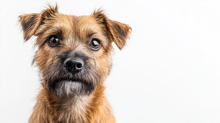 A close-up portrait of a brown dog with expressive eyes against a plain background.