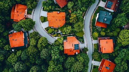 Aerial view of quaint suburban homes with red rooftops surrounded by lush green trees.