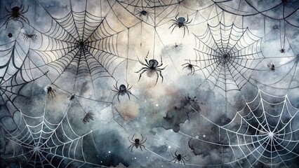 Watercolor painting of spiders and webs, eerie mood, representing Halloween themes, against a dark background with copy space